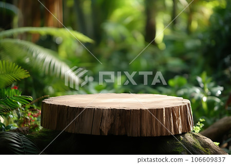 Natural Elegance Empty Wooden Cut Against Lush Green Forest Background for Product Display. created with Generative AI 106609837