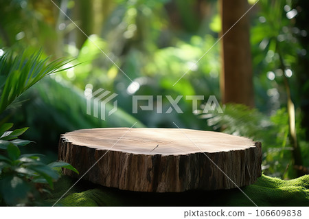 Natural Elegance Empty Wooden Cut Against Lush Green Forest Background for Product Display. created with Generative AI 106609838