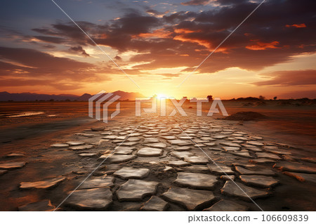 Captivating Sunset over Broken Roads in the Desert Background.. created with Generative AI Captivating Sunset over Broken Roads in the Desert Background.. created with Generative AI 106609839