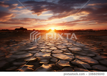 Captivating Sunset over Broken Roads in the Desert Background.. created with Generative AI 106609840
