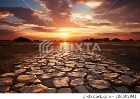 Captivating Sunset over Broken Roads in the Desert Background.. created with Generative AI Captivating Sunset over Broken Roads in the Desert Background.. created with Generative AI 106609841