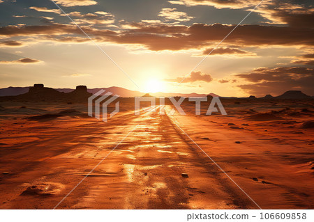 Desert Tranquility Dirt Road Meets Sunset in the Expansive Landscape of the Desert. created with Generative AI Desert Tranquility Dirt Road Meets Sunset in the Expansive Landscape of the Desert. created with Generative AI 106609858
