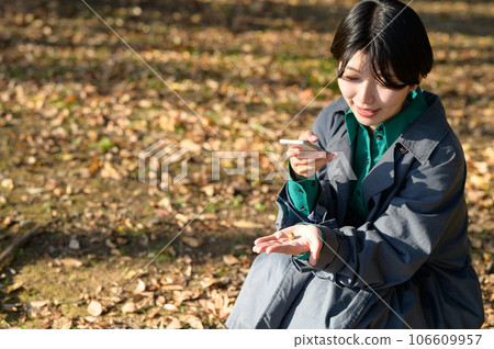 A woman taking a photo of the acorns she picked up 106609957