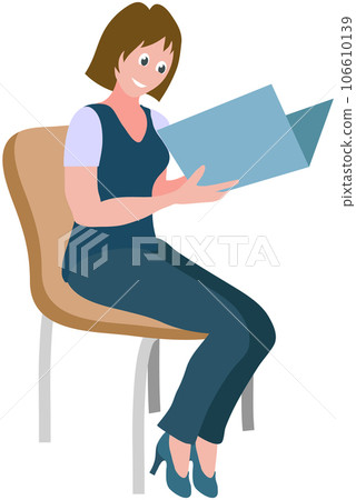 Female character sitting on chair at office meeting holding folder with paper document. Woman reading textbook, conference secretary. Businesswoman or clerk working with documentation, paperwork Female character sitting on chair at office meeting holding folder with paper document. Woman reading textbook, conference secretary. Businesswoman or clerk working with documentation, paperwork 106610139