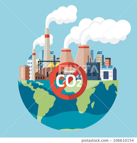 Prohibiting emissions carbon dioxide CO2 red sign crossed out inside circle on blue background with globe and smoking chimneys of factory. Prohibition symbol icon, stop pollution vector Illustration 106610154