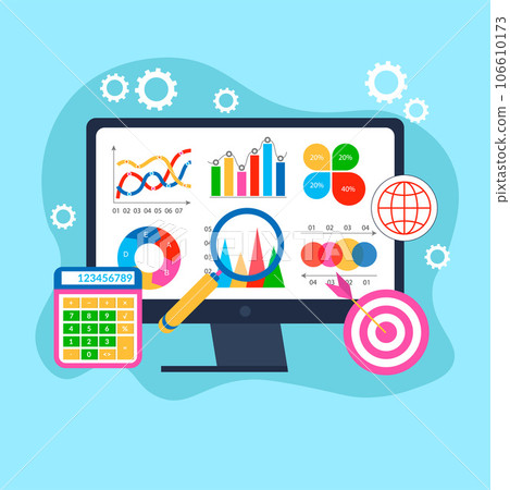 Online analytics, financial report chart, data analysis, and web development concept. Monitor with data chart company profile, info graphic elements graph design, abstract business presentation 106610173