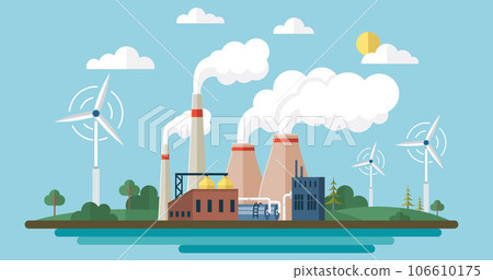 Turbine wind power green energy electricity concept wind energy plant with green grass open sky vector illustration. Eco green city theme. Ecological sustainable energy supply, ecological industry Turbine wind power green energy electricity concept wind energy plant with green grass open sky vector illustration. Eco green city theme. Ecological sustainable energy supply, ecological industry 106610175