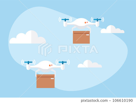 Delivery service with copter, shipping parcel package. Transportation of goods using flying copter. Future technologies online delivery of boxes. Helicopter, quadcopter with box smart urban logistics 106610190
