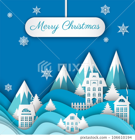 Vector winter night scene with fir trees, houses, moon, mountaines, snowflakes and snow in carving style. Festive layered blue background paper cut Christmas village and snowfall, greeting card Vector winter night scene with fir trees, houses, moon, mountaines, snowflakes and snow in carving style. Festive layered blue background paper cut Christmas village and snowfall, greeting card 106610194