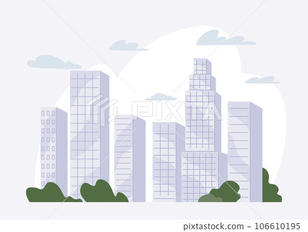 Urban city view in flat style. Modern cityscape, architecture of big town. Municipal landscape with group of tall constructions. High-rise buildings, downtown skyscrapers with glass facades Urban city view in flat style. Modern cityscape, architecture of big town. Municipal landscape with group of tall constructions. High-rise buildings, downtown skyscrapers with glass facades 106610195