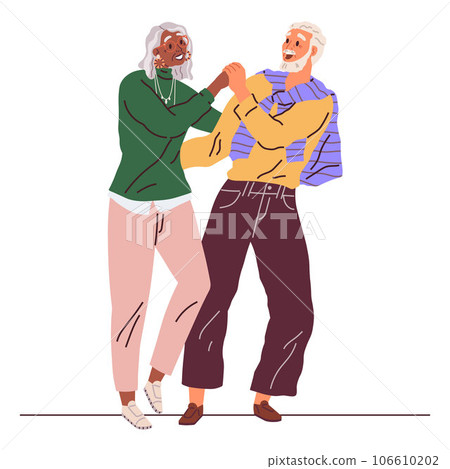 Old people dance at disco. Grandmother and grandfather entertainment. Happy elderly couple man and woman holding hands demonstrate dance movement isolated on white. Retirement activities concept Old people dance at disco. Grandmother and grandfather entertainment. Happy elderly couple man and woman holding hands demonstrate dance movement isolated on white. Retirement activities concept 106610202