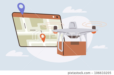 Delivery service with copter, shipping parcel package. Transportation of goods using flying copter. Future technologies online delivery of boxes. Helicopter, quadcopter with box smart urban logistics 106610205