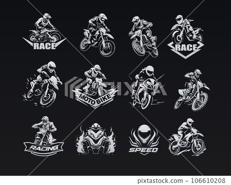 Bold and modern motorcycle icon set in a dynamic edgy style. Power and adrenaline black and white icons for motocross enthusiasts. Versatile minimalist silhouette collection of sport motorbike icons. 106610208