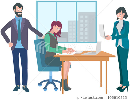 Office workers. Vector illustration. Teamwork cultivates supportive and collaborative work environment In team meeting, goals and targets are discussed and aligned Office workers utilize technology 106610213