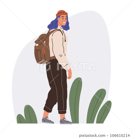 Woman tourist with big bag, backpack. Female traveler hiker travels with camping rucksack. Happy girl backpacker ready for adventure. Tourist enjoying hiking in moutains. Vacation, activity holiday Woman tourist with big bag, backpack. Female traveler hiker travels with camping rucksack. Happy girl backpacker ready for adventure. Tourist enjoying hiking in moutains. Vacation, activity holiday 106610214