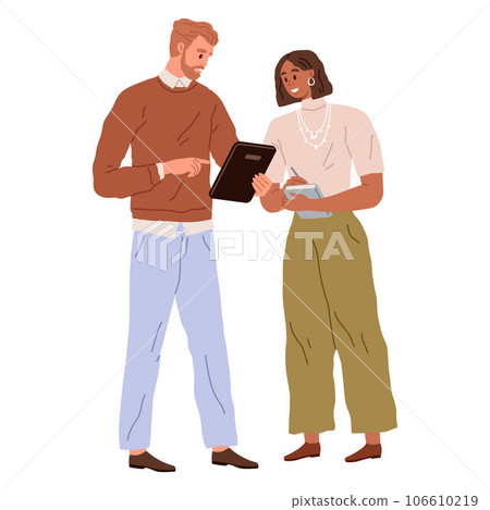 People office work. Vector illustration. A business person utilizes their knowledge and experience to drive success in corporate world Office workers interact with clients and customers to fulfill People office work. Vector illustration. A business person utilizes their knowledge and experience to drive success in corporate world Office workers interact with clients and customers to fulfill 106610219