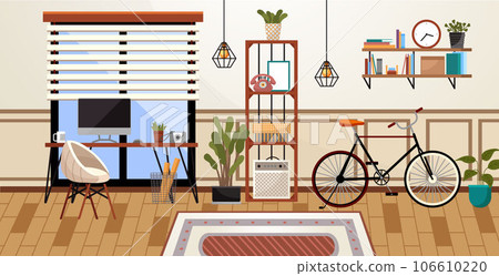 Home office interior. Vector illustration. Freelance or studying concept Workplace room, modern interior, cabinet Business workspace in room interior Workplace modern interior, home or office room Home office interior. Vector illustration. Freelance or studying concept Workplace room, modern interior, cabinet Business workspace in room interior Workplace modern interior, home or office room 106610220