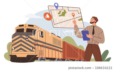 Logistics by train, parcels shipping, loading or unloading vector flat design. Railway transportation and shipment transport, cargo freight logistics. Logistician planning route for delivery by train Logistics by train, parcels shipping, loading or unloading vector flat design. Railway transportation and shipment transport, cargo freight logistics. Logistician planning route for delivery by train 106610222