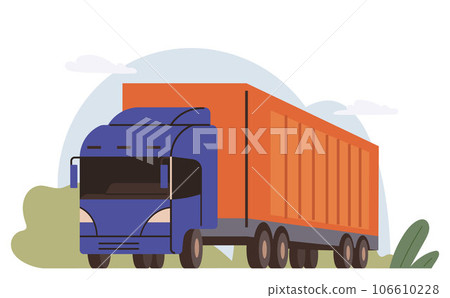 Wagon with trailer for transporting goods worldwide. Vehicle for transportation and shipping. Delivery of parcels by transport. Postal cargo truck for logistics, retail distribution, shipment 106610228