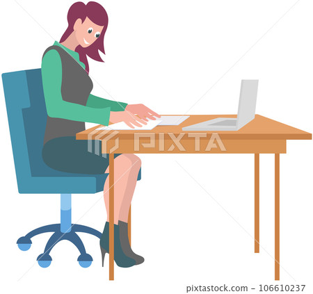 Business woman or clerk working on computer at desk. Lady sitting at workplace in office. Company employee during work with laptop. Girl worker typing on keyboard. Female character doing job 106610237
