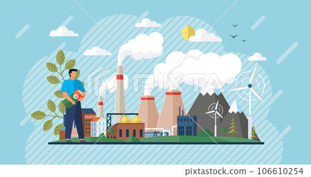 Recycling carbon dioxide concept. Renewable alternative energy. Ecological CO2 consumption for production. Nature friendly and clean fuel substitute. Green energy and wind farm, stop air emission Recycling carbon dioxide concept. Renewable alternative energy. Ecological CO2 consumption for production. Nature friendly and clean fuel substitute. Green energy and wind farm, stop air emission 106610254