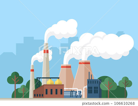 Contamination of air with smoke by factory, plants and industries. Pipes making smog, environmental pollution and harm for nature. Atmosphere gas emissions, chemical substances, damage to environment Contamination of air with smoke by factory, plants and industries. Pipes making smog, environmental pollution and harm for nature. Atmosphere gas emissions, chemical substances, damage to environment 106610268