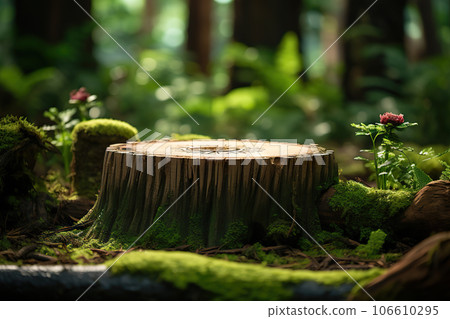 Wooden Saw Cut in the Green Forest with Flowers and Lush Green Moss Background. created with Generative AI 106610295