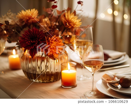 Beautiful fall table setting, autumn dinner table decoration with flowers and candles, holiday event decor in orange and yellow colors 106610629