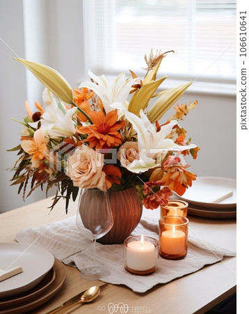 Beautiful fall table setting, autumn dinner table decoration with flowers and candles, holiday event decor in orange and yellow colors Beautiful fall table setting, autumn dinner table decoration with flowers and candles, holiday event decor in orange and yellow colors 106610641