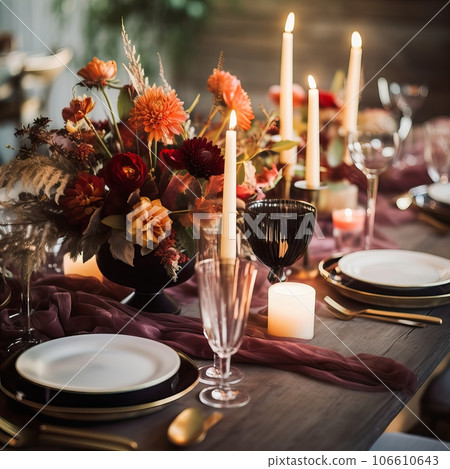 Beautiful fall table setting, autumn dinner table decoration with flowers and candles, holiday event decor in orange and yellow colors 106610643