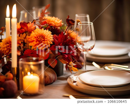 Beautiful fall table setting, autumn dinner table decoration with flowers and candles, holiday event decor in orange and yellow colors Beautiful fall table setting, autumn dinner table decoration with flowers and candles, holiday event decor in orange and yellow colors 106610645