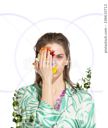 Contemporary art collage. modern artwork. Beautiful, healthy girl with tender flower face elements. 106610713
