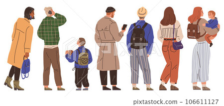 Big queue. Many multitude people. Vector illustration. The queue snaked around corner, reflecting high demand for product People waiting in long line exchanged stories and experiences The crowd people Big queue. Many multitude people. Vector illustration. The queue snaked around corner, reflecting high demand for product People waiting in long line exchanged stories and experiences The crowd people 106611127