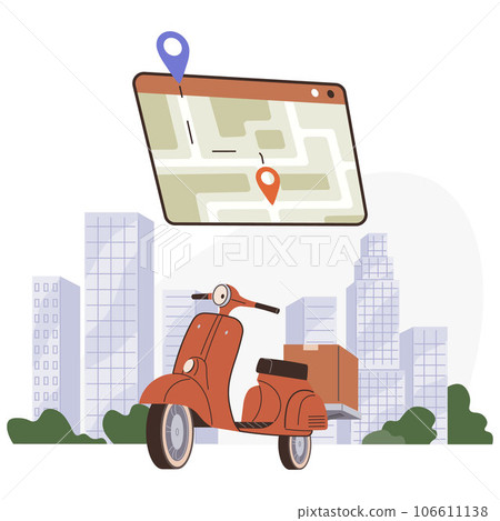 Fast and free delivery by scooter. Shipment of freights, product delivery, retail distribution. Transportation of parcels by motorbike in urban city. Modern ways of transporting goods in downtown 106611138