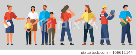 Group of working people on topic of energy supply, diverse men and women icons. Teacher, family with children, workers in production, man with battery in hands. Flat design people characters 106611144