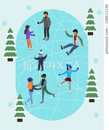 Winter ice staking rink sports young happy people family activity. Mom dad son boy girl skaters fir tree. Friends at ice-skating outdoor rink merry christmas new year winter holidays concept 106611146