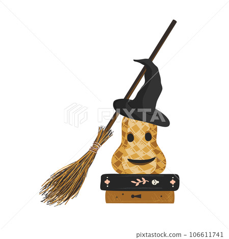 Autumn Halloween composition with a pumpkin, witch hat, books, and a broomstick. Vector isolated illustration. Autumn Halloween composition with a pumpkin, witch hat, books, and a broomstick. Vector isolated illustration. 106611741