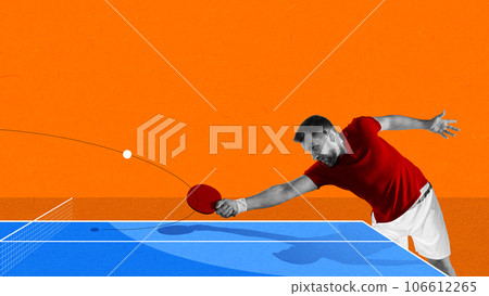 Young man playing table tennis over bright orange background. Hobby. Contemporary art collage. 106612265