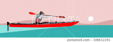 Young woman rowing in canoe, kayak swimming and competing. Contemporary art collage. 106612291