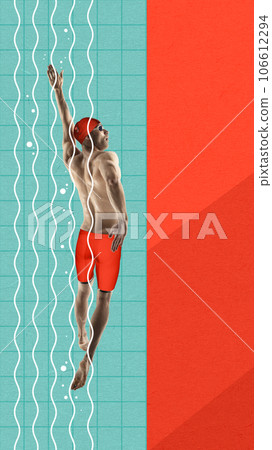 Muscular man, professional swimmer training in swimming pool. Endurance and speed. Contemporary art collage. 106612294