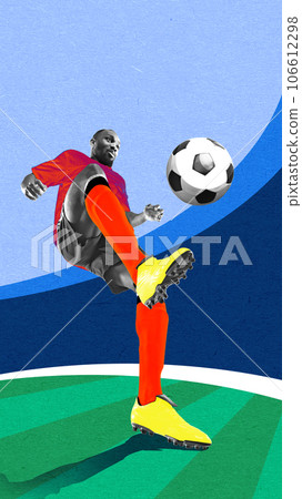 Bottom view image of african man, football player in motion, dribbling ball with leg on stadium. Contemporary art collage. Bottom view image of african man, football player in motion, dribbling ball with leg on stadium. Contemporary art collage. 106612298