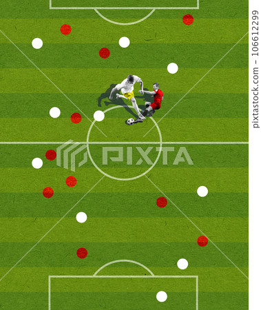 Two men, soccer athletes in motion, playing football, competing on stadium. Contemporary art collage. Two men, soccer athletes in motion, playing football, competing on stadium. Contemporary art collage. 106612299