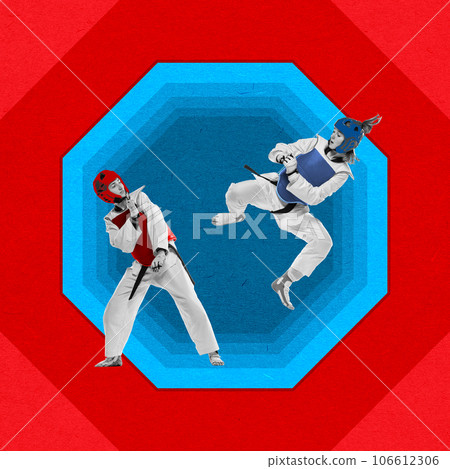 Two women, MMA athletes in uniform, helmet and boxing gloves training over blue red background. Contemporary art collage. 106612306