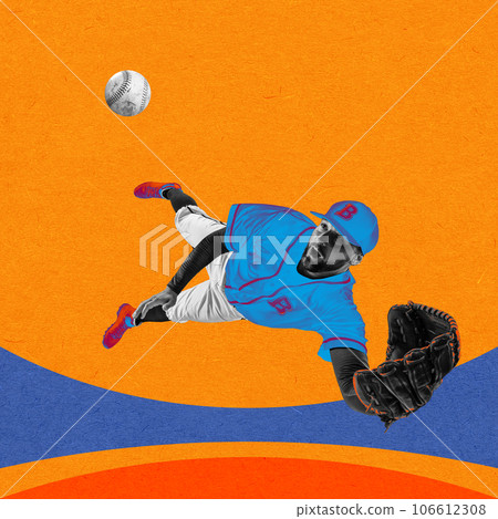 Concentrated man, professional baseball player in motion, catching ball on colorful background. Contemporary art collage. 106612308