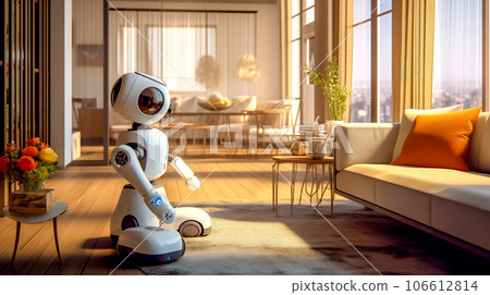 futuristic modern robot cleaning up the mess in the room futuristic modern robot cleaning up the mess in the room 106612814