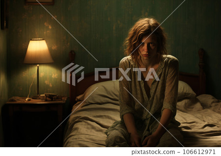 Mental Health Concept for World Mental Health Day. Sad and depressed mature woman alone in bedroom. Mental illness. Sick adult woman. Mental health problem. Suffering from insomnia.  Generative AI. 106612971