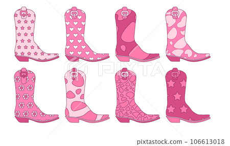60s vintage pink Cowgirl boots collection with various ornaments. Howdy Cowboy western and wild west theme. Hand drawn vector set. 106613018