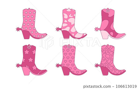 Set of pink trendy cowgirl boots with spurs and various ornaments. Flat contour vector illustration. 106613019