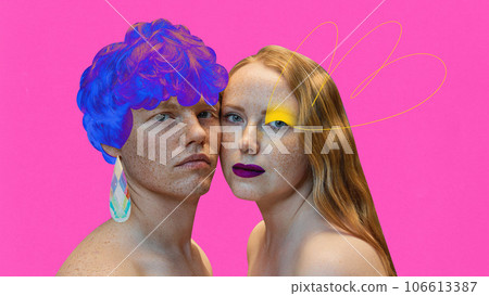 Contemporary art collage. Modern artwork. Porait of beautiful couple, woman and man, with painted makeup on face agains vivid pink background Contemporary art collage. Modern artwork. Porait of beautiful couple, woman and man, with painted makeup on face agains vivid pink background 106613387