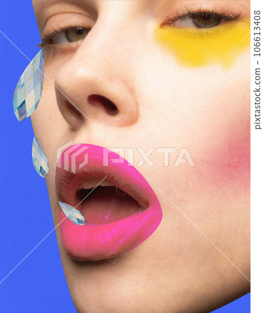 Contemporary art collage. Modern artwork. Close up portrait of young woman, fashion model cries with crystals. 106613408